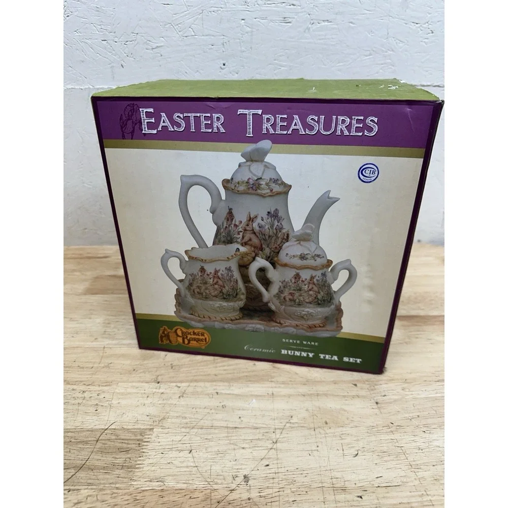 Cracker Barrel Easter Treasures Bunny Teapot Creamer Sugar Set Tray